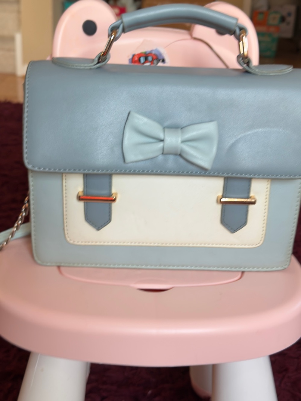 Classic Bow Satchel Handbag in Light Blue and Cream